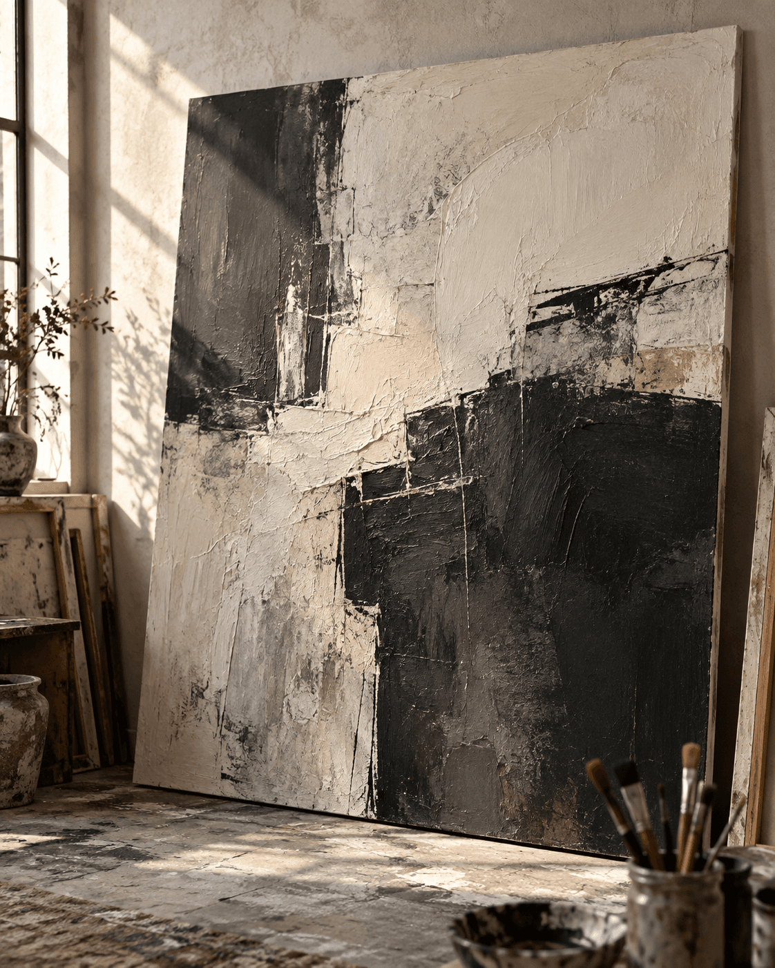 Textured abstract painting in an artist’s studio